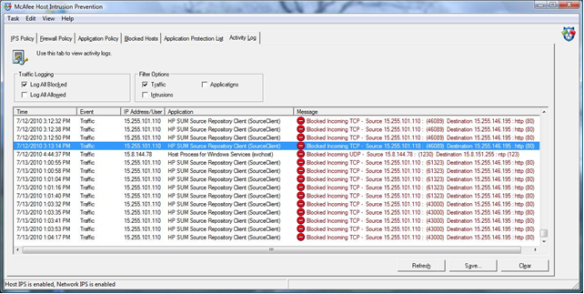 McAfee Host Intrusion Prevention screen